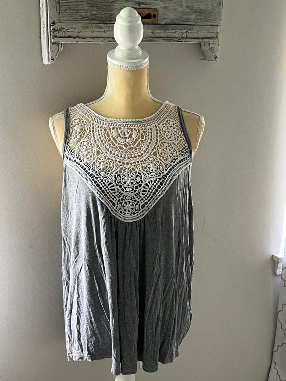 Gray Tank Top with White Crochet Yoke